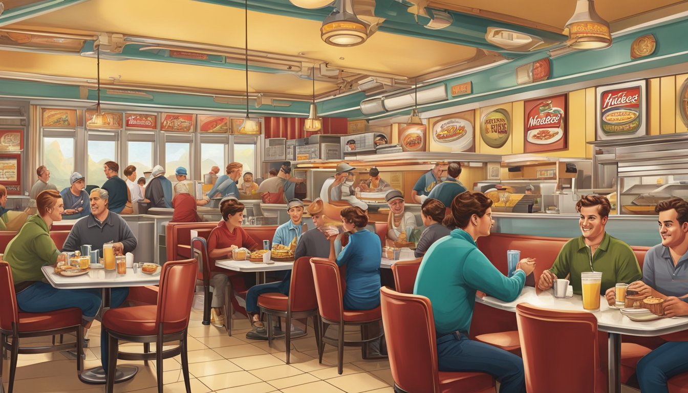 A cozy, retro-style Hardee's restaurant with a bustling breakfast crowd enjoying their meals. Tables and booths are filled with regular patrons chatting and savoring their morning routine