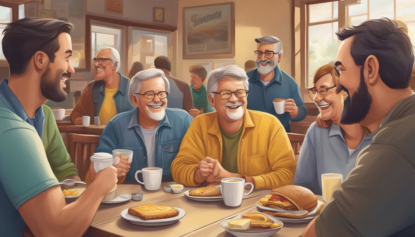 A group of regular patrons enjoy breakfast at Hardee's, chatting and laughing in a cozy, welcoming atmosphere