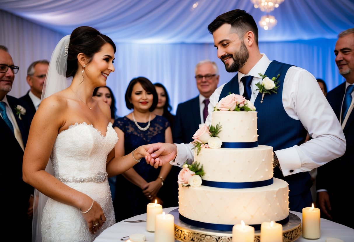 A bride and groom stand beside a decorative wedding cake, surrounded by guests and adorned with flowers and candles
