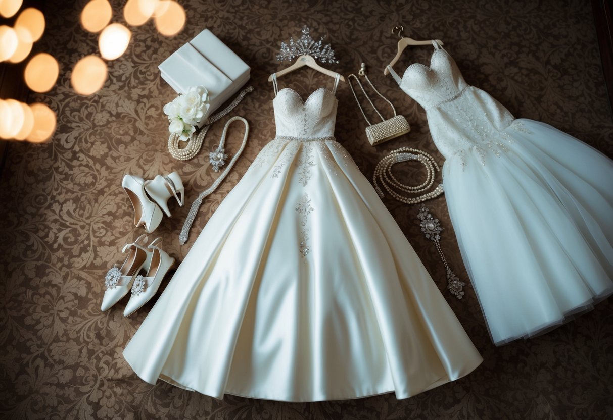 A luxurious bridal gown surrounded by elegant accessories and a second dress