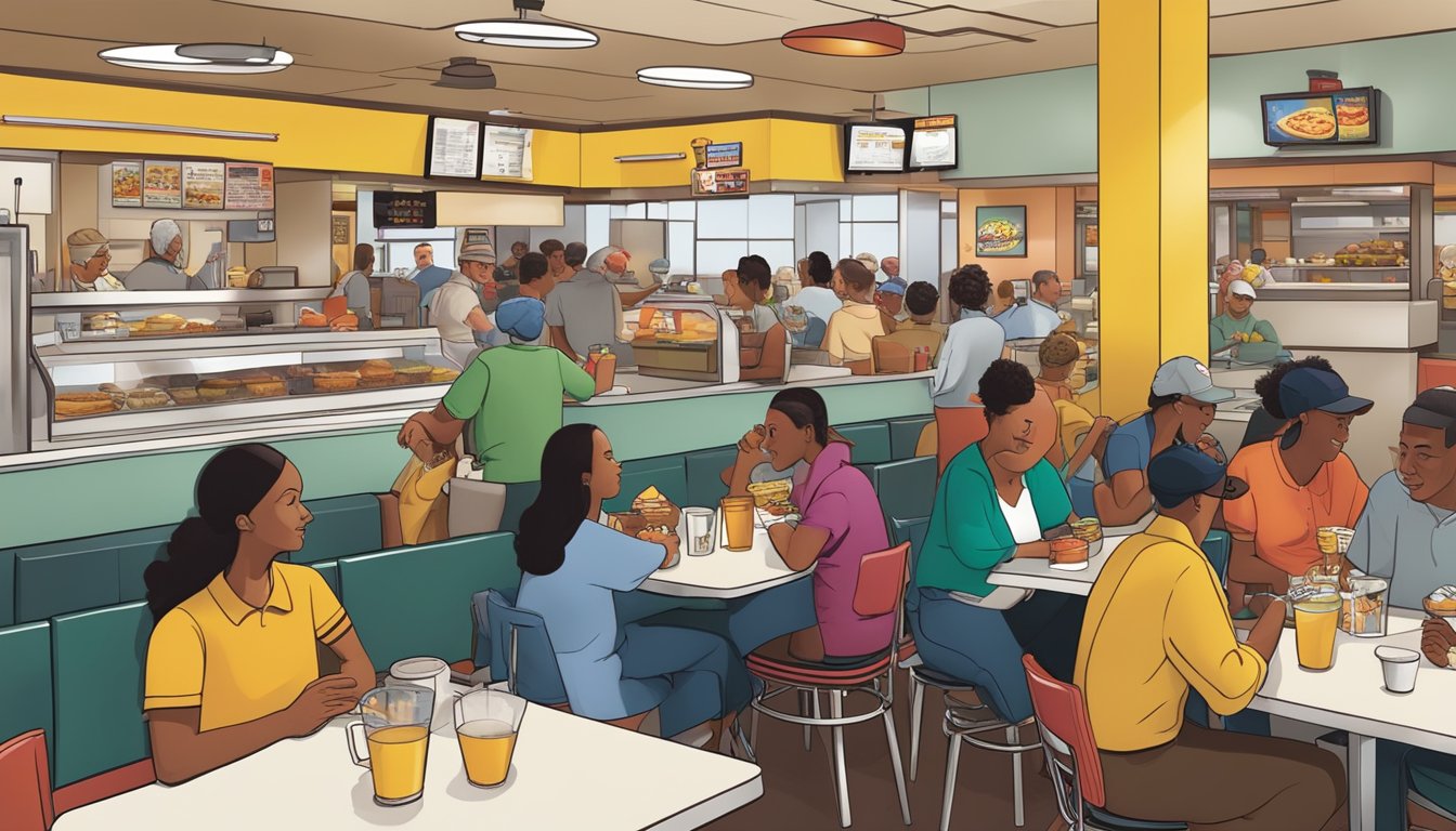 A bustling Hardee's restaurant with a diverse group of regular patrons enjoying breakfast together