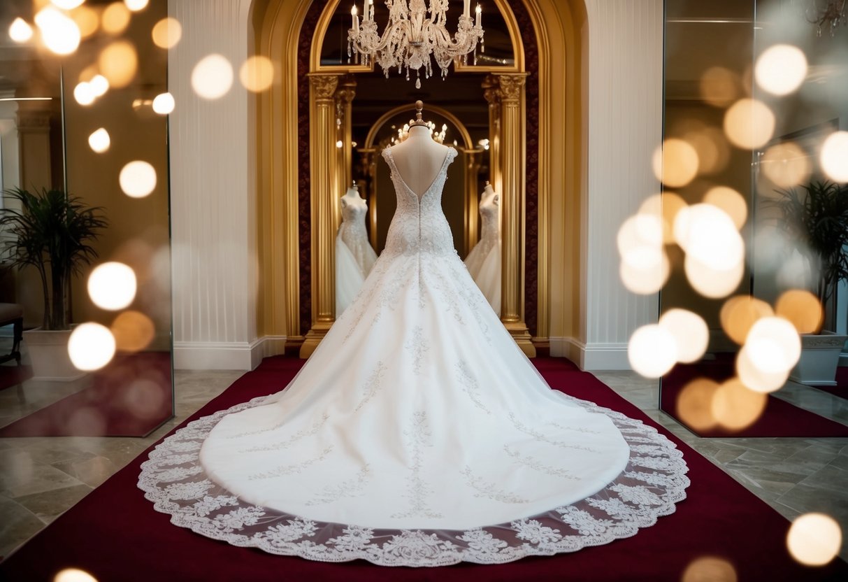 A regal wedding gown displayed in a luxurious setting