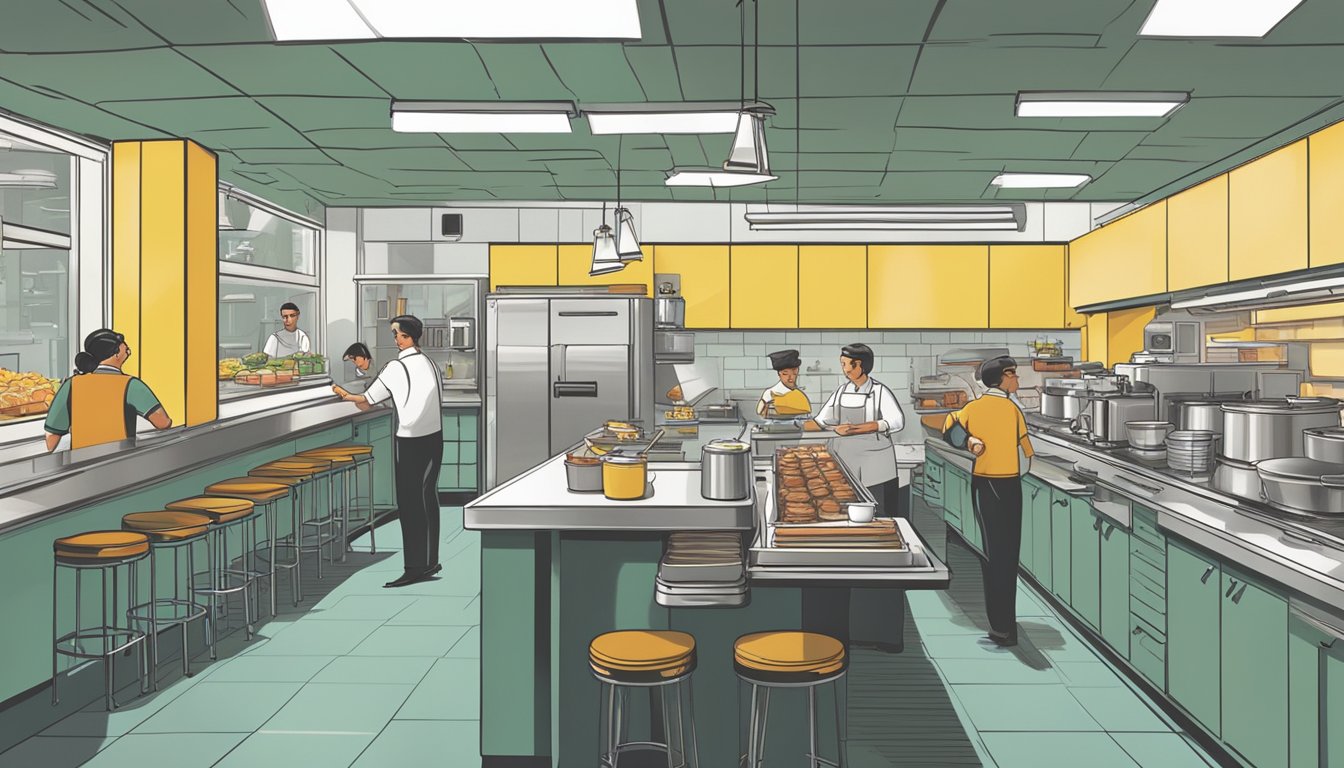 A bustling Hardee's breakfast kitchen, with employees preparing food and beverages. The modern handbook sits on a counter, next to the vintage handbook from decades ago