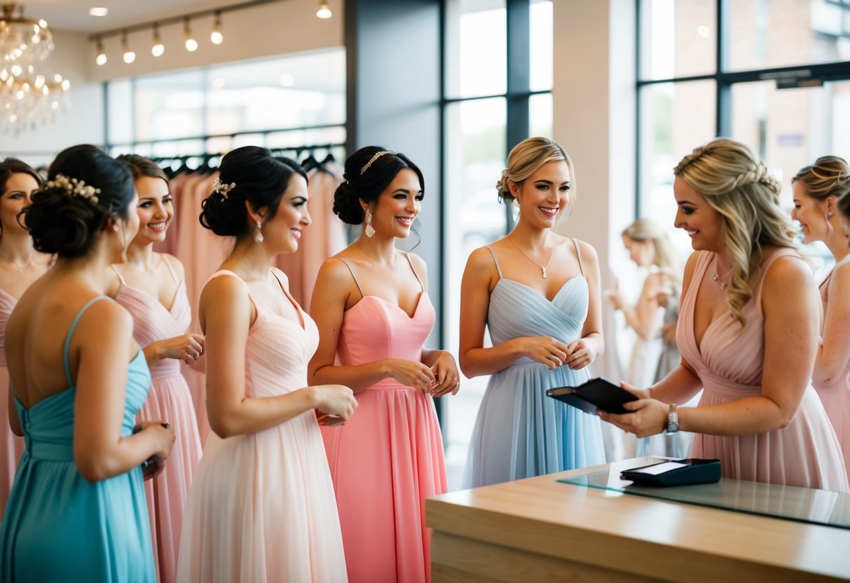 A group of bridesmaids trying on dresses in a boutique, while a woman pays for the dresses at the counter