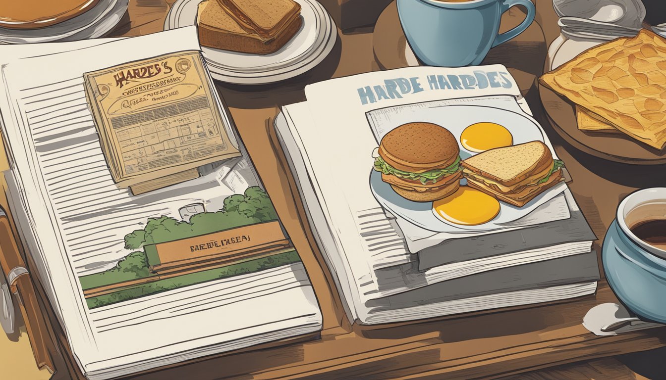 A breakfast scene with a vintage Hardee's employee handbook next to a modern version, with a clock showing the passage of time