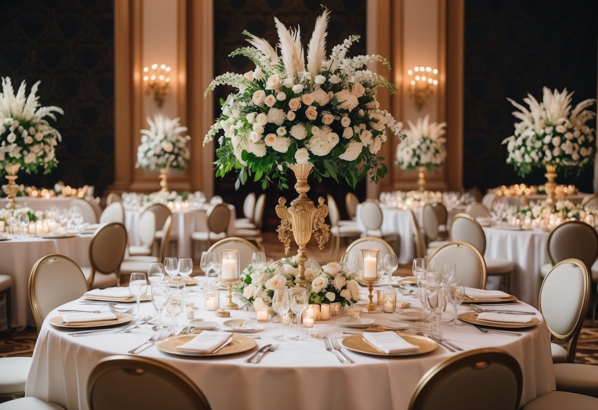 A grand wedding banquet with opulent decorations and lavish floral arrangements