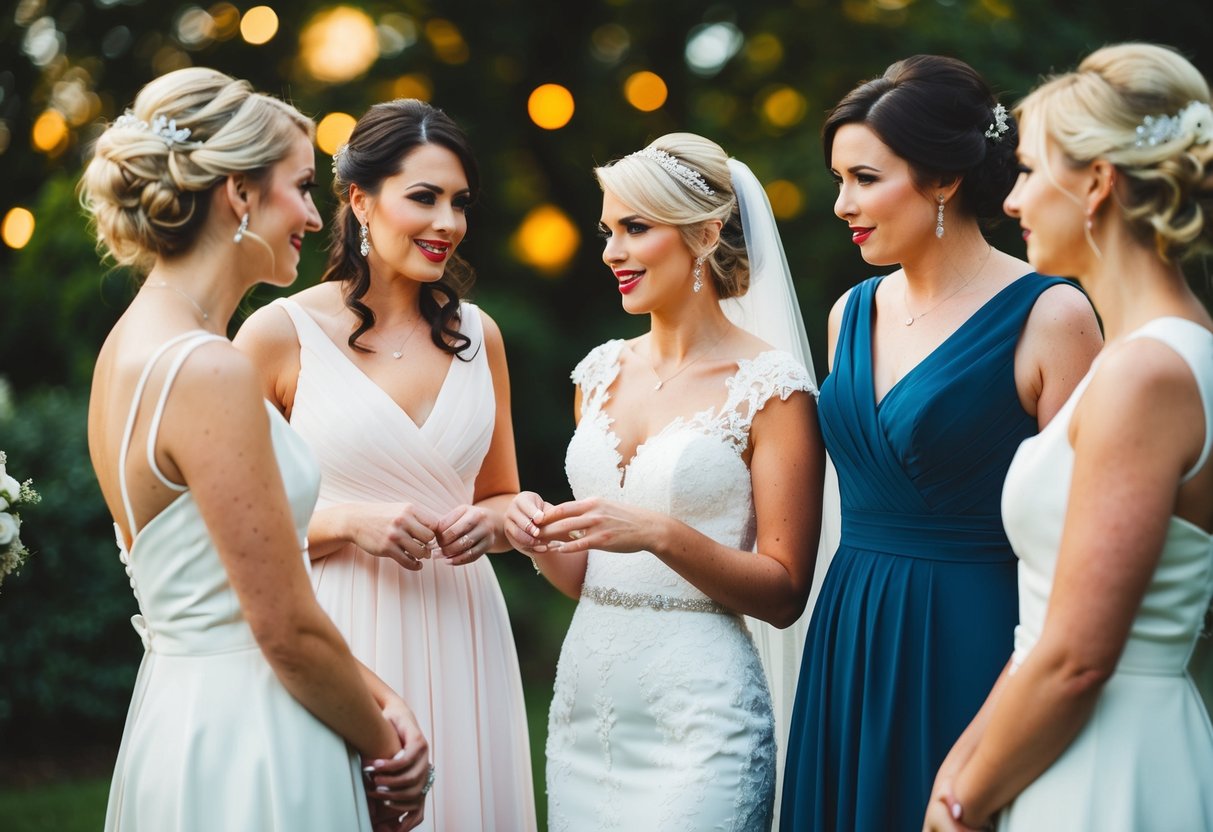 A bride and her bridesmaids discussing dresses, with the bride’s family offering to cover the cost
