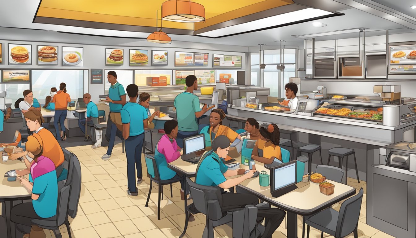 A bustling Hardee's breakfast restaurant with employees learning and training, surrounded by modern technology and updated training materials