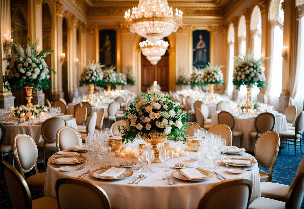 A lavish banquet hall adorned with opulent floral arrangements and gilded decor, with a grand table set for a royal wedding feast