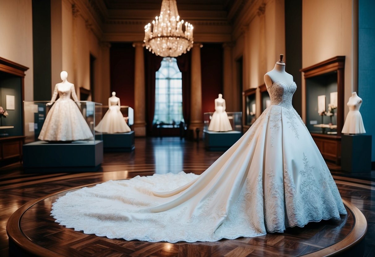 A luxurious wedding dress displayed in a grand museum exhibit