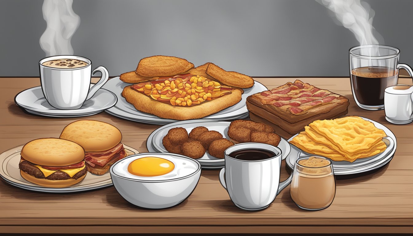 A table set with a variety of Hardee's breakfast items, including biscuits, hash browns, eggs, bacon, and sausage, with a steaming cup of coffee