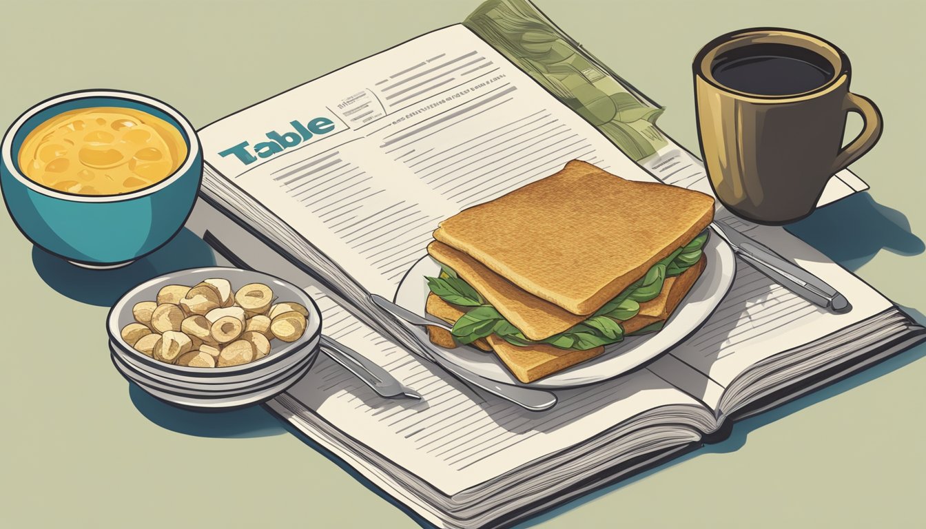 A table with a vintage and modern employee handbook, surrounded by breakfast food items