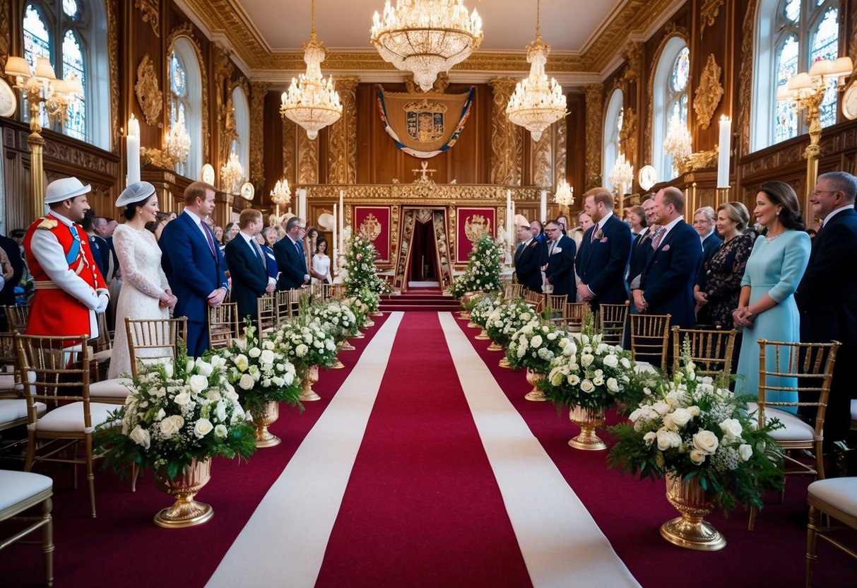A lavish wedding venue adorned with royal emblems and personalized decorations, reflecting the queen's investment in Harry's special day
