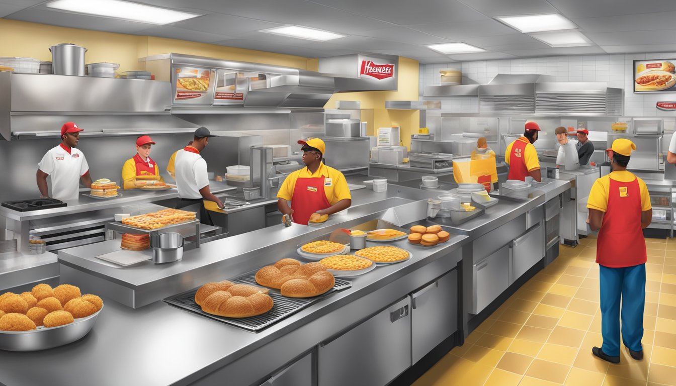 A bustling Hardee's breakfast kitchen, with employees wearing modern uniforms and following updated workplace policies