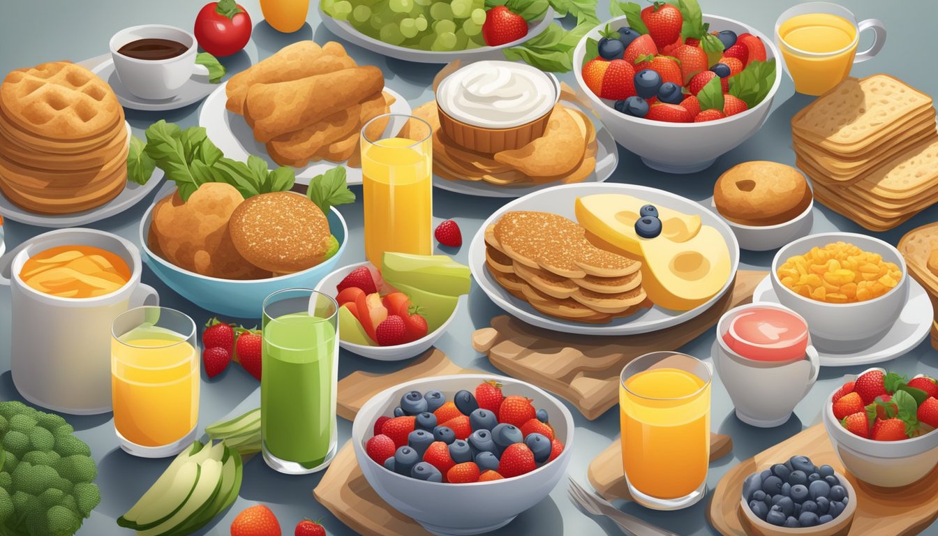 A colorful array of breakfast items, from hearty biscuits to lighter options, surrounded by fresh fruits and vegetables, with a focus on nutritional ingredients and balanced portions