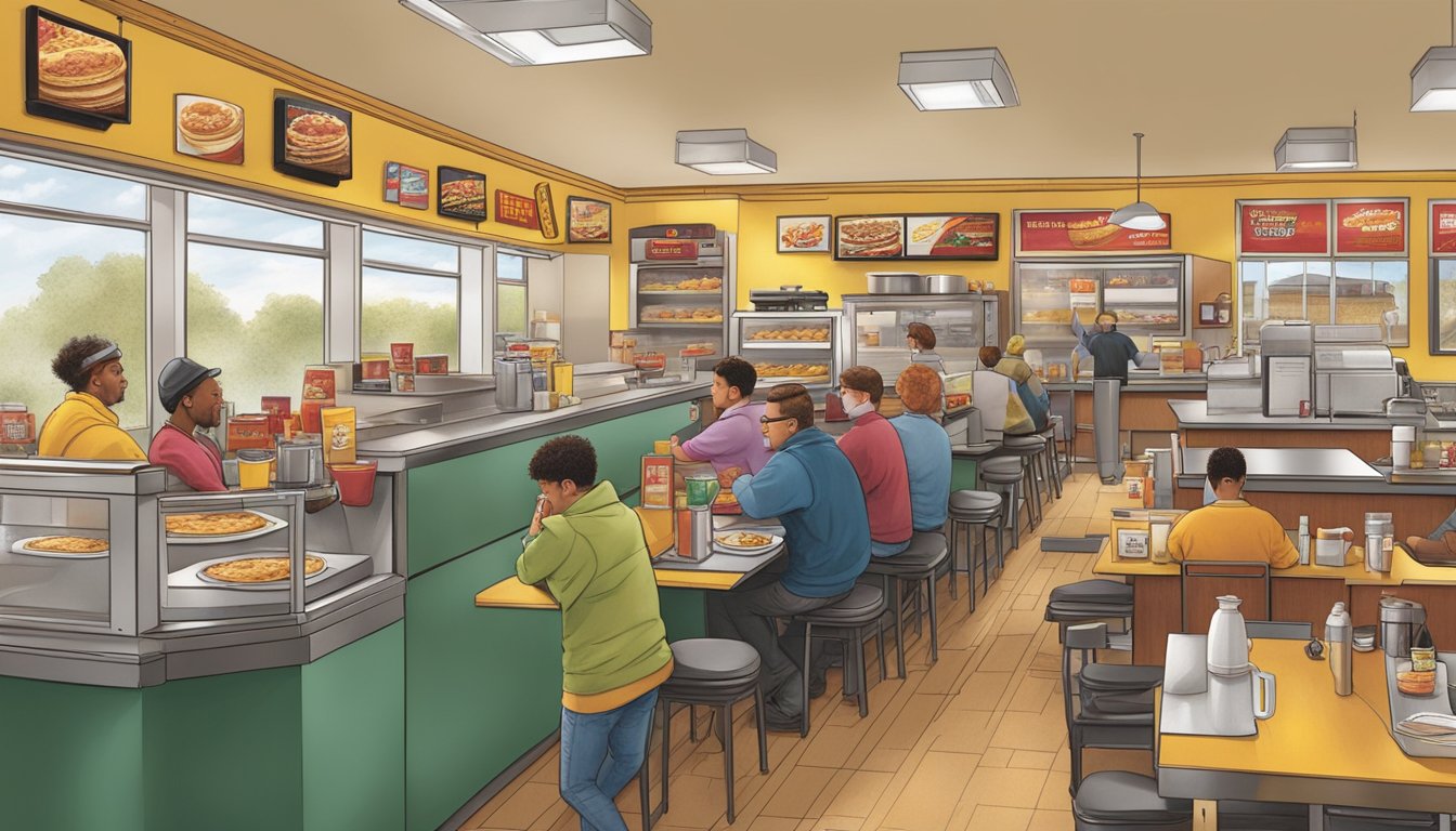 A bustling Hardee's breakfast scene: customers at tables, staff behind the counter, and the aroma of sizzling bacon and fresh coffee