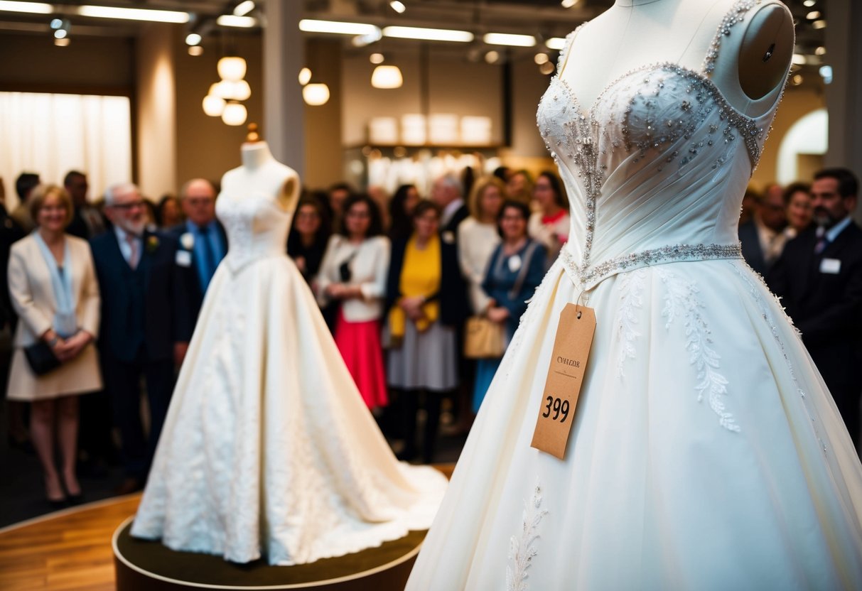A vintage wedding dress on display with a crowd of onlookers and a price tag