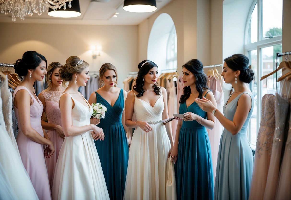 A group of bridesmaids browsing through racks of elegant dresses in a boutique, discussing the financial responsibilities of purchasing their attire for the upcoming UK wedding