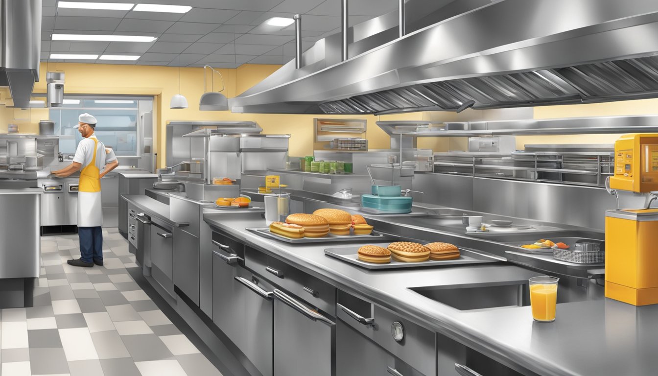 A bustling Hardee's breakfast kitchen, with modern safety equipment and procedures in place, contrasting with outdated practices from the past