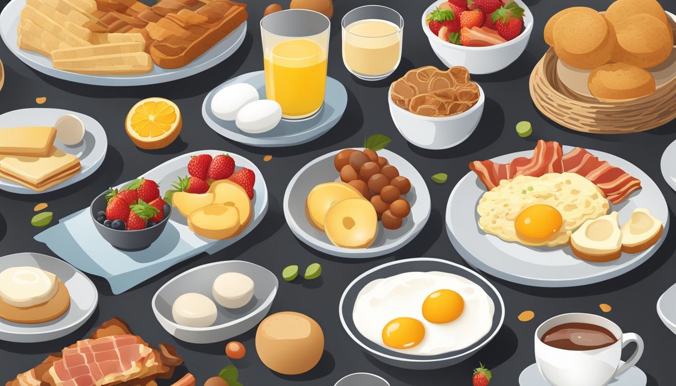 A table with a variety of breakfast items, including biscuits, eggs, bacon, and fruit, displayed in a modern and health-conscious manner