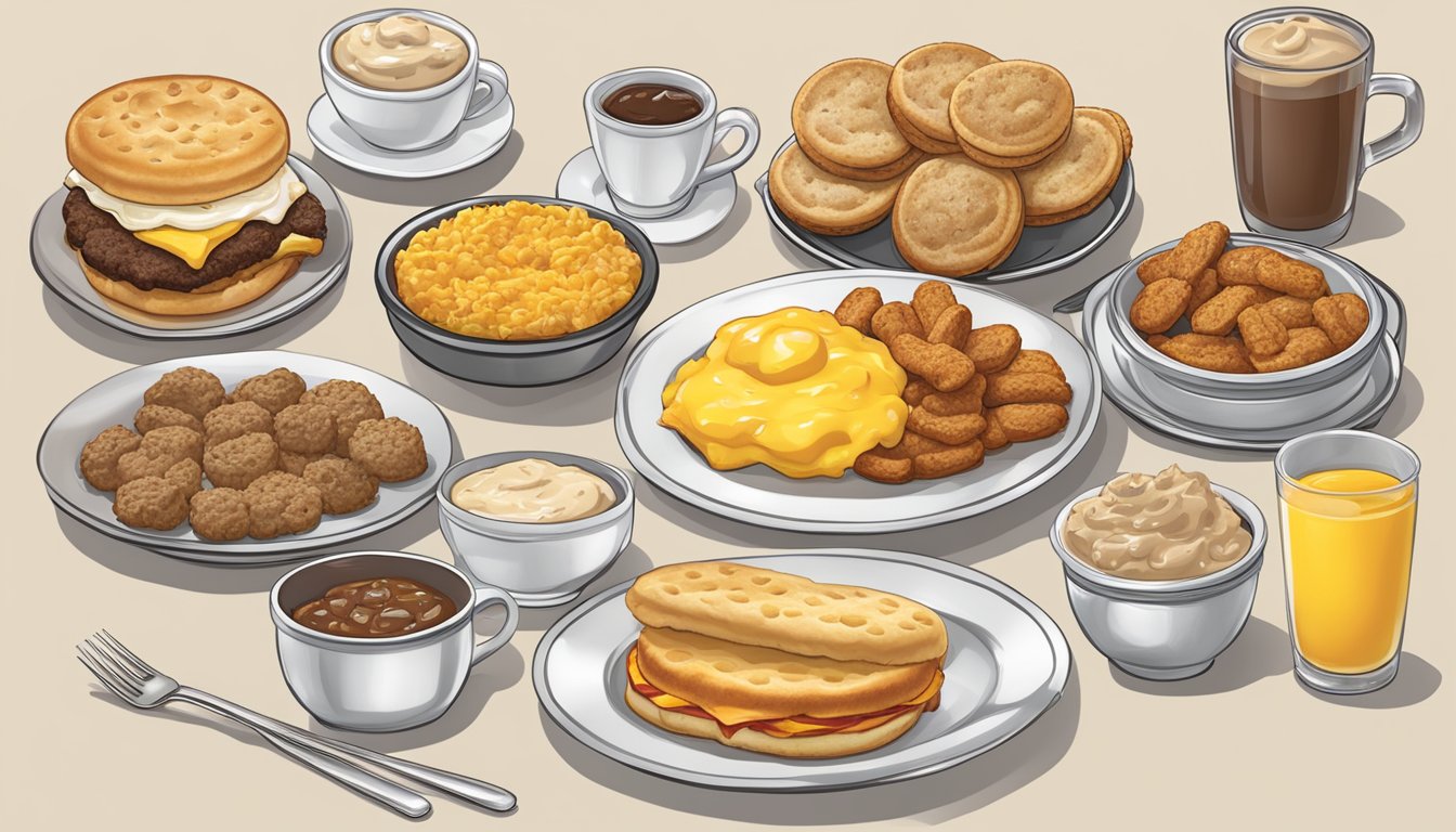 A table set with a variety of regional breakfast items from Hardee's, including biscuits, gravy, and regional specialties