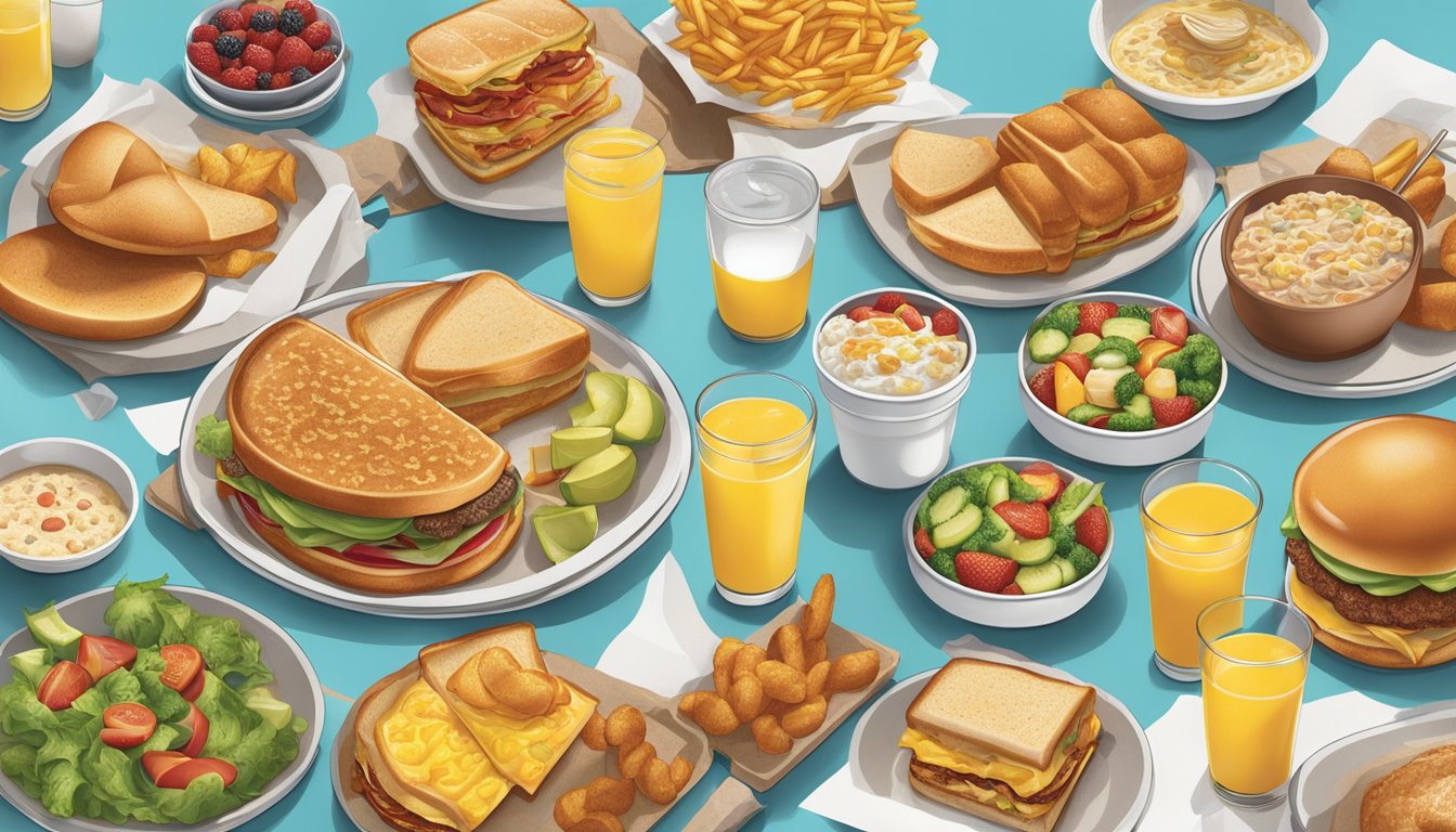 A bustling breakfast scene at Hardee's, with a diverse array of fresh, healthy ingredients being incorporated into the menu items