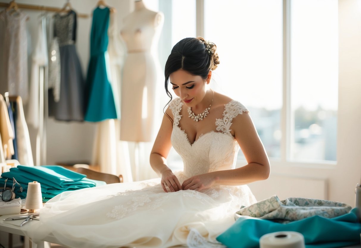 A seamstress working on a wedding dress in a sunlit studio, surrounded by fabric, lace, and sewing tools