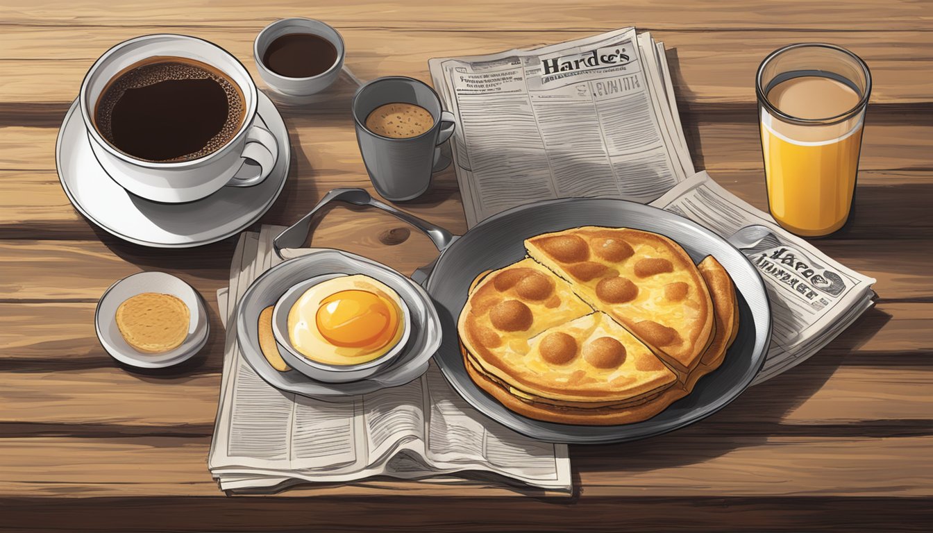 A steaming plate of Hardee's breakfast items arranged on a rustic wooden table, with a cup of coffee and a morning newspaper nearby