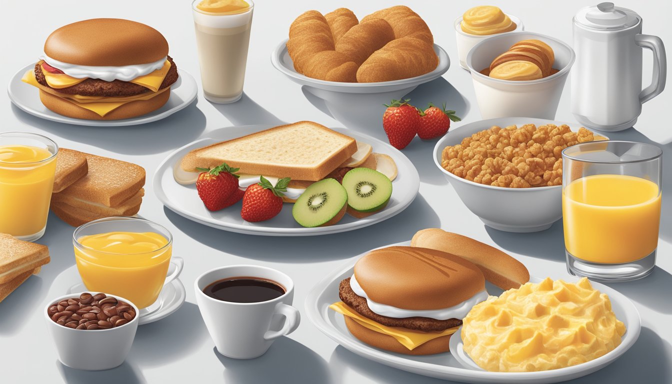 A spread of breakfast options at Hardee's, including fresh fruit, yogurt, and whole grain options, alongside classic breakfast sandwiches and coffee