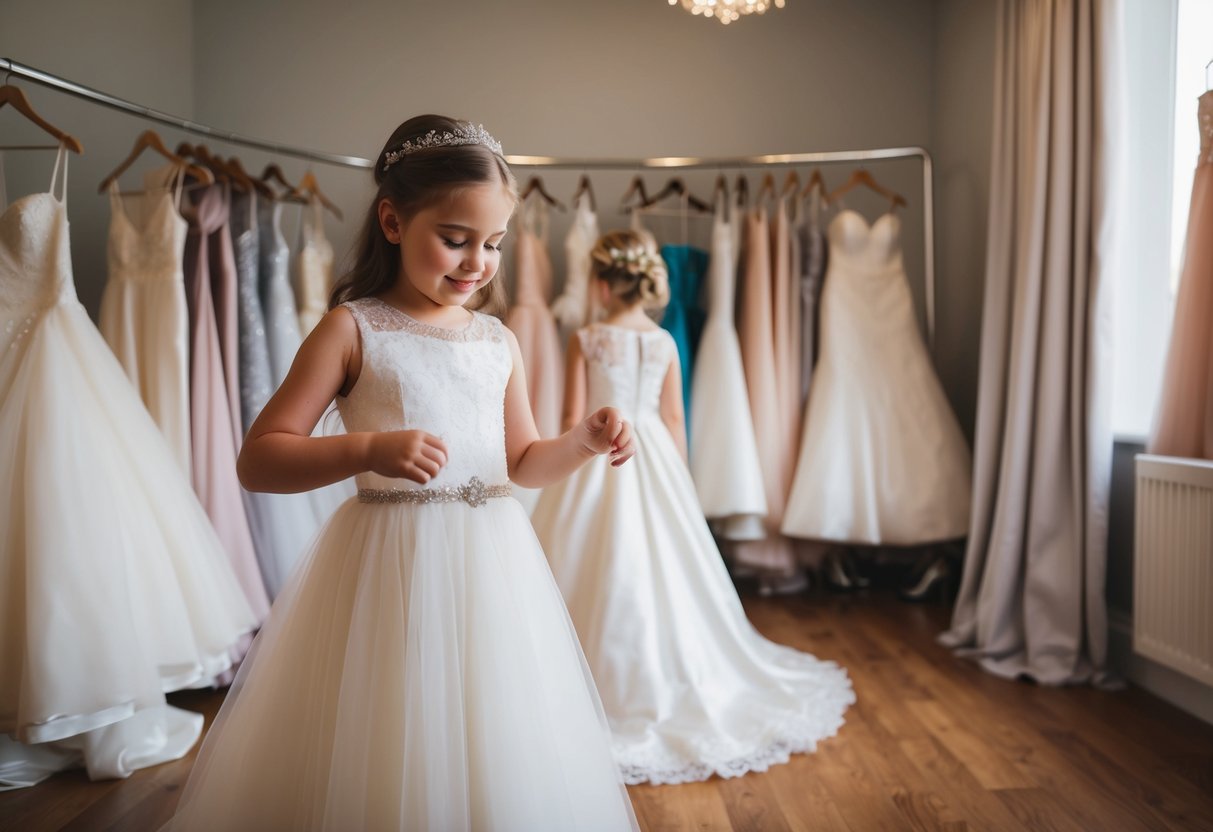 A young girl playing dress-up in a room filled with wedding gowns