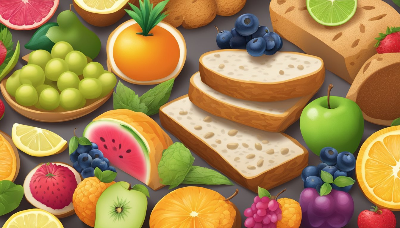 A colorful array of fresh fruits, whole grain bread, and lean protein options displayed on a vibrant menu board