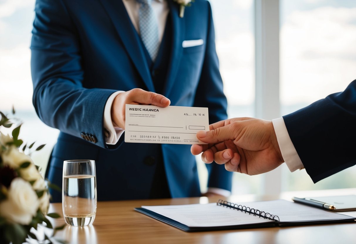 A groom's hand handing over a check to a wedding planner