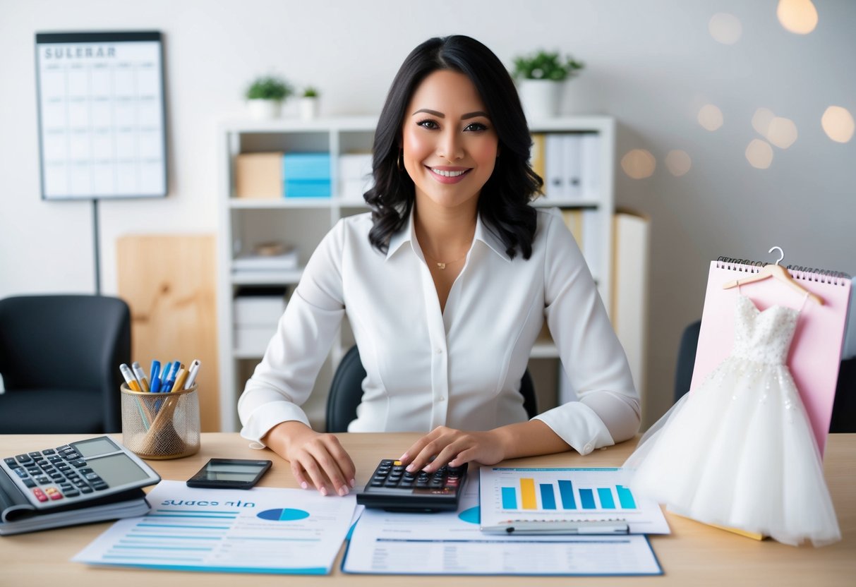 A woman sitting at a desk with a calendar, calculator, and wedding dress magazine, surrounded by budgeting spreadsheets and financial planning documents