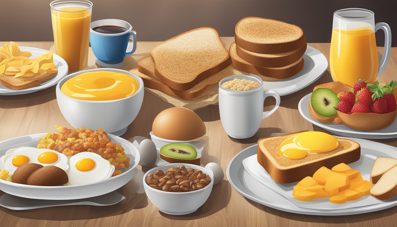 A table with a variety of breakfast items, including fruits, eggs, and whole grain toast, with a Hardee's breakfast menu in the background