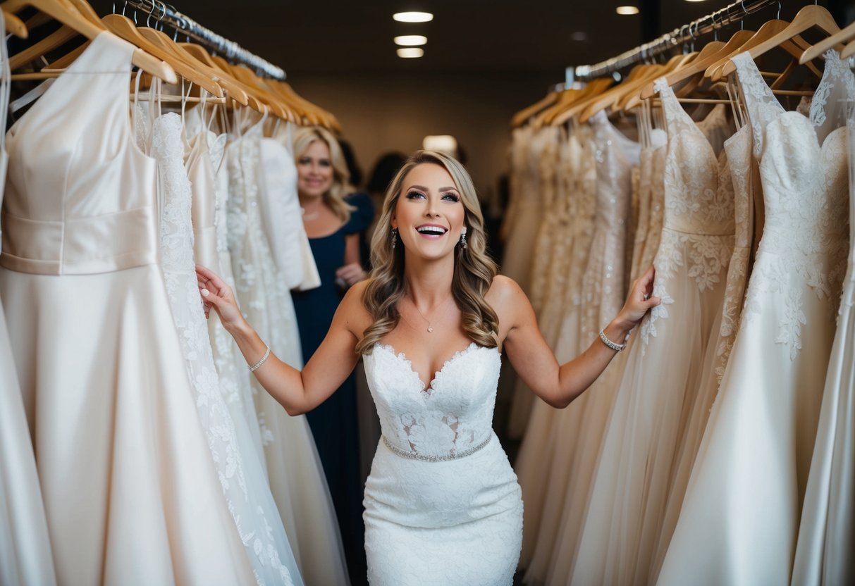 A woman surrounded by racks of wedding dresses, trying on gowns with a look of anticipation and excitement