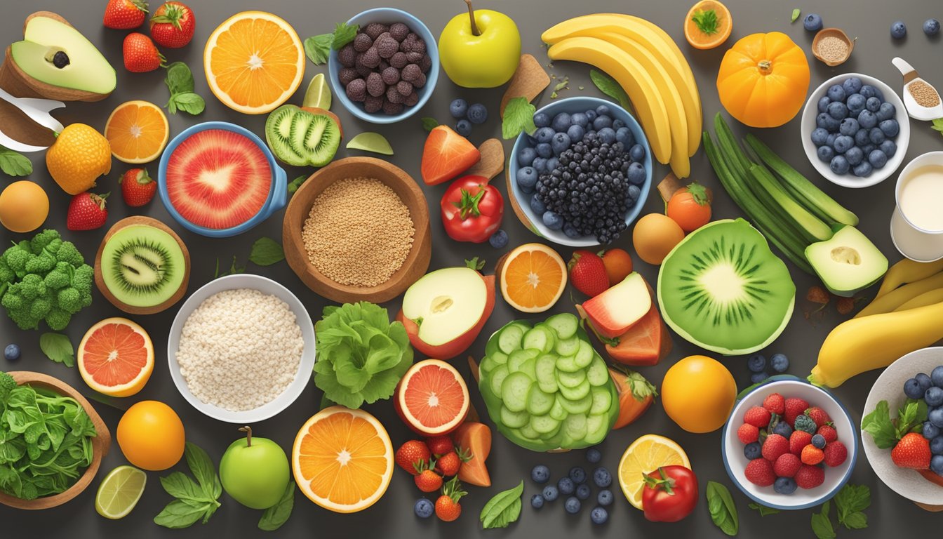 A colorful spread of fresh fruits and vegetables arranged on a breakfast table, alongside a variety of whole grain options and lean protein choices