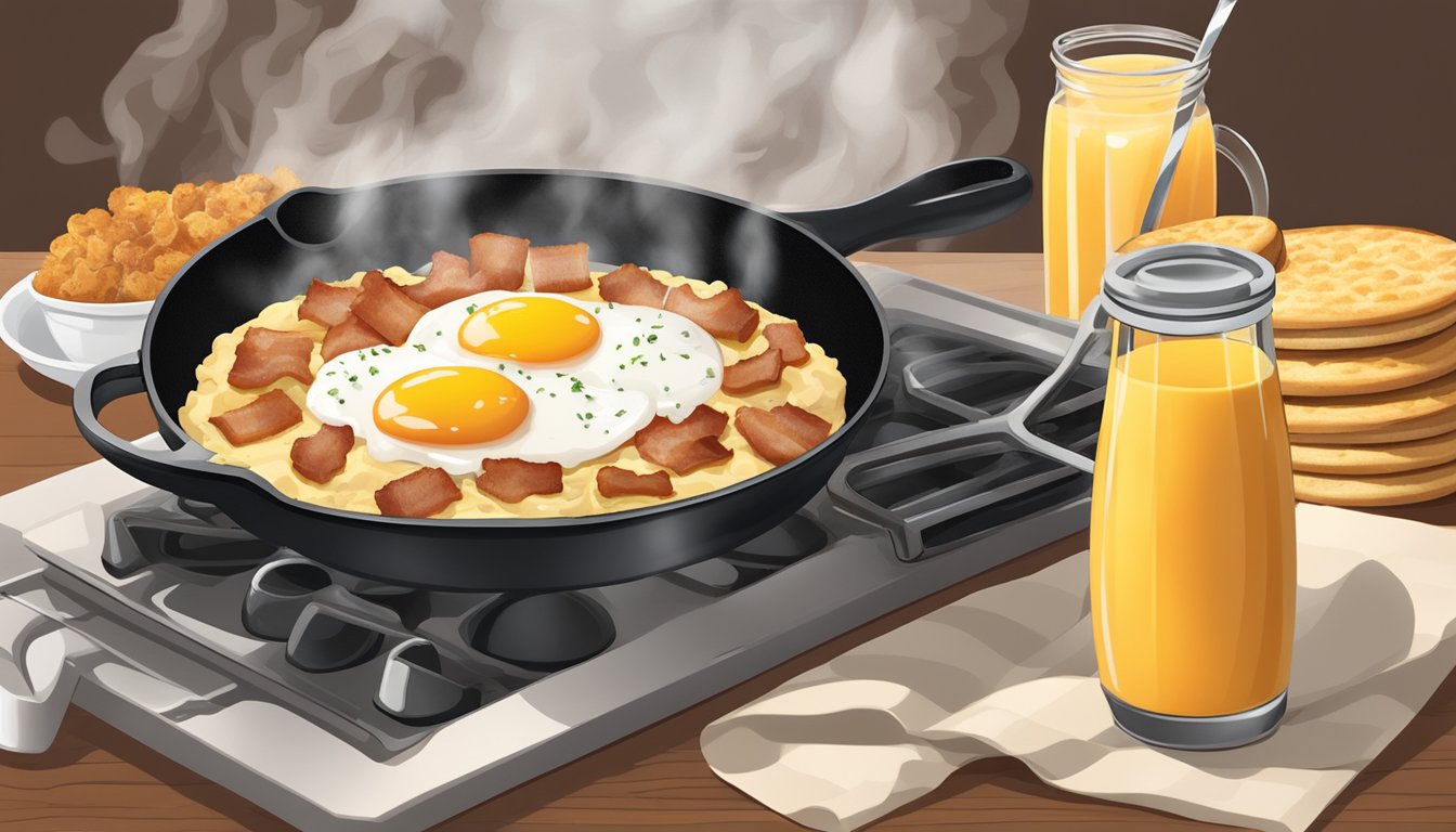 A sizzling skillet of bacon, eggs, and hash browns, surrounded by steaming biscuits and gravy, with a side of fresh-squeezed orange juice