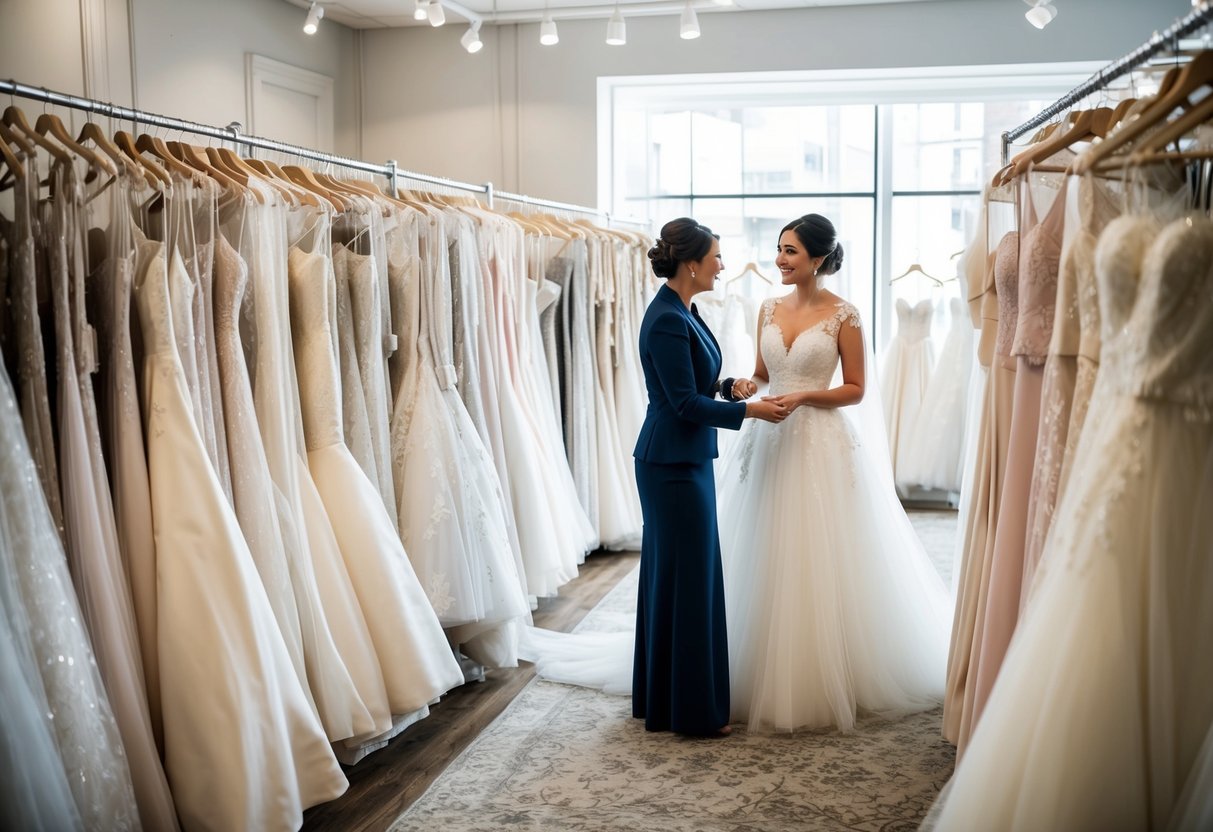 A bustling bridal boutique with racks of elegant wedding dresses and a consultant assisting a bride-to-be in selecting her dream gown