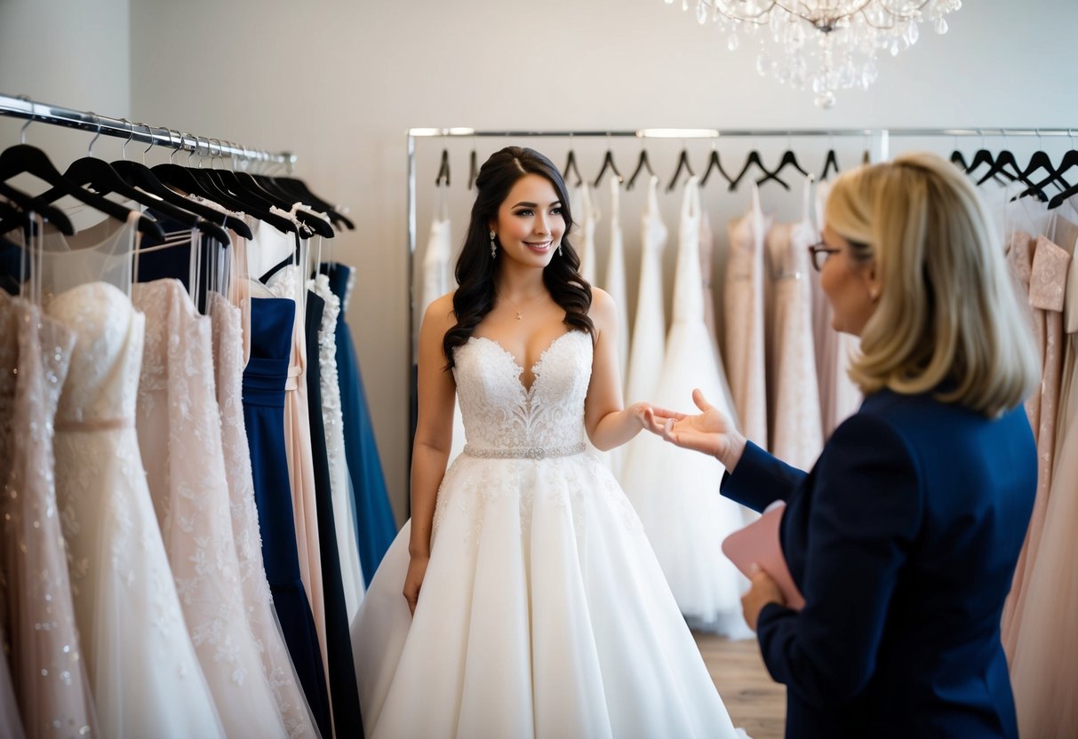 A bride-to-be stands in a bridal boutique, surrounded by racks of wedding dresses. She speaks with a consultant, discussing budget and timeline for finding the perfect dress