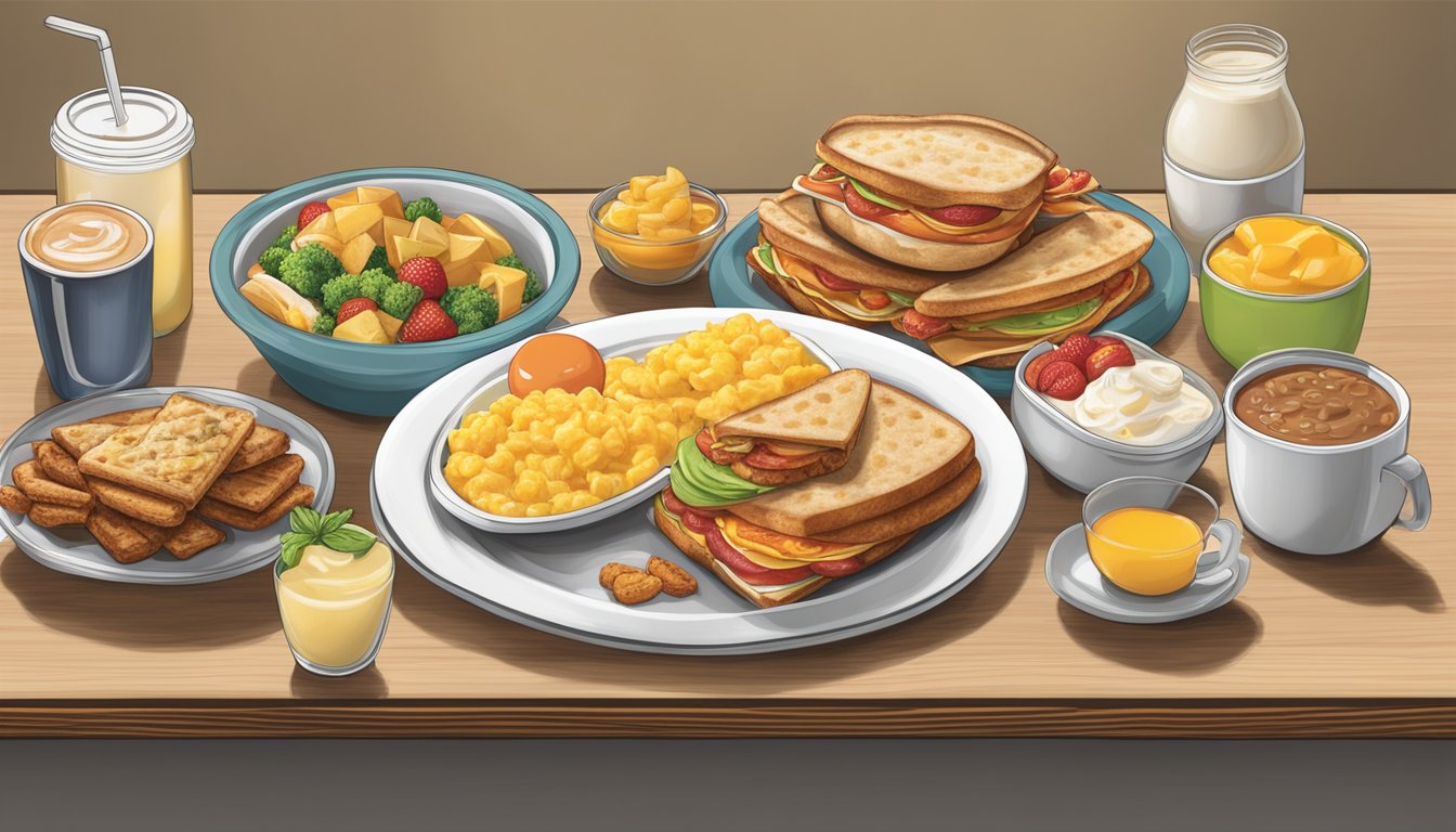 A table set with a variety of healthy breakfast options next to a menu board featuring Hardee's breakfast items