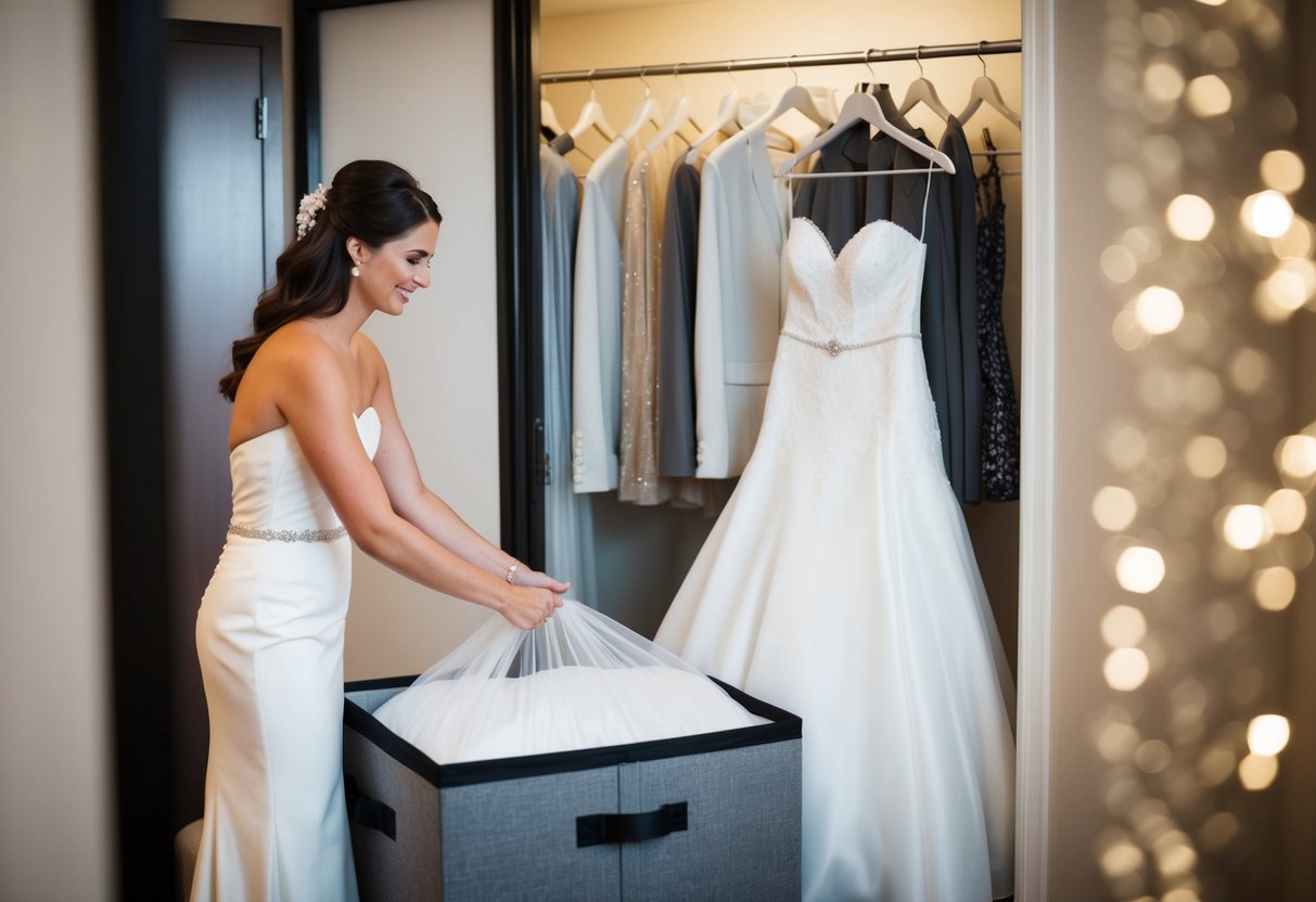 A bride carefully hangs her wedding gown in a garment bag, placing it in a secure storage box