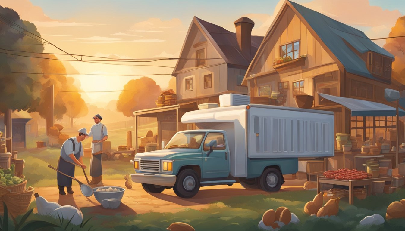 A farmer harvesting fresh eggs at sunrise, a truck transporting bacon and sausage, and a chef cooking up a hearty breakfast in a bustling kitchen