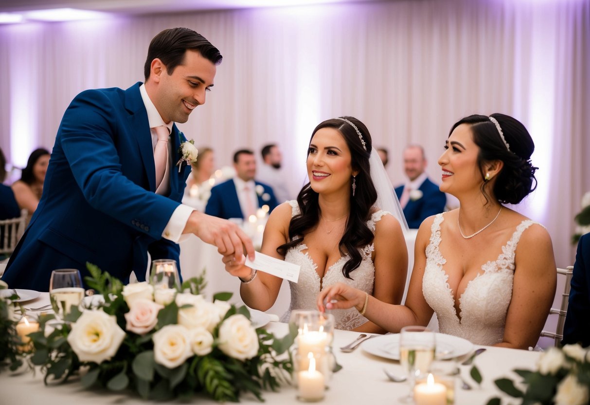 A couple at a wedding reception, one person reaching for a bill while the other looks on, surrounded by elegant decor and a celebratory atmosphere