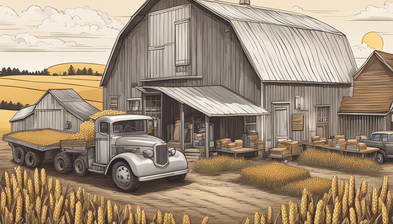 A farm with fields of wheat and corn, a barn, and a tractor. A table with fresh eggs, bacon, and biscuits. A delivery truck parked outside a Hardee's restaurant