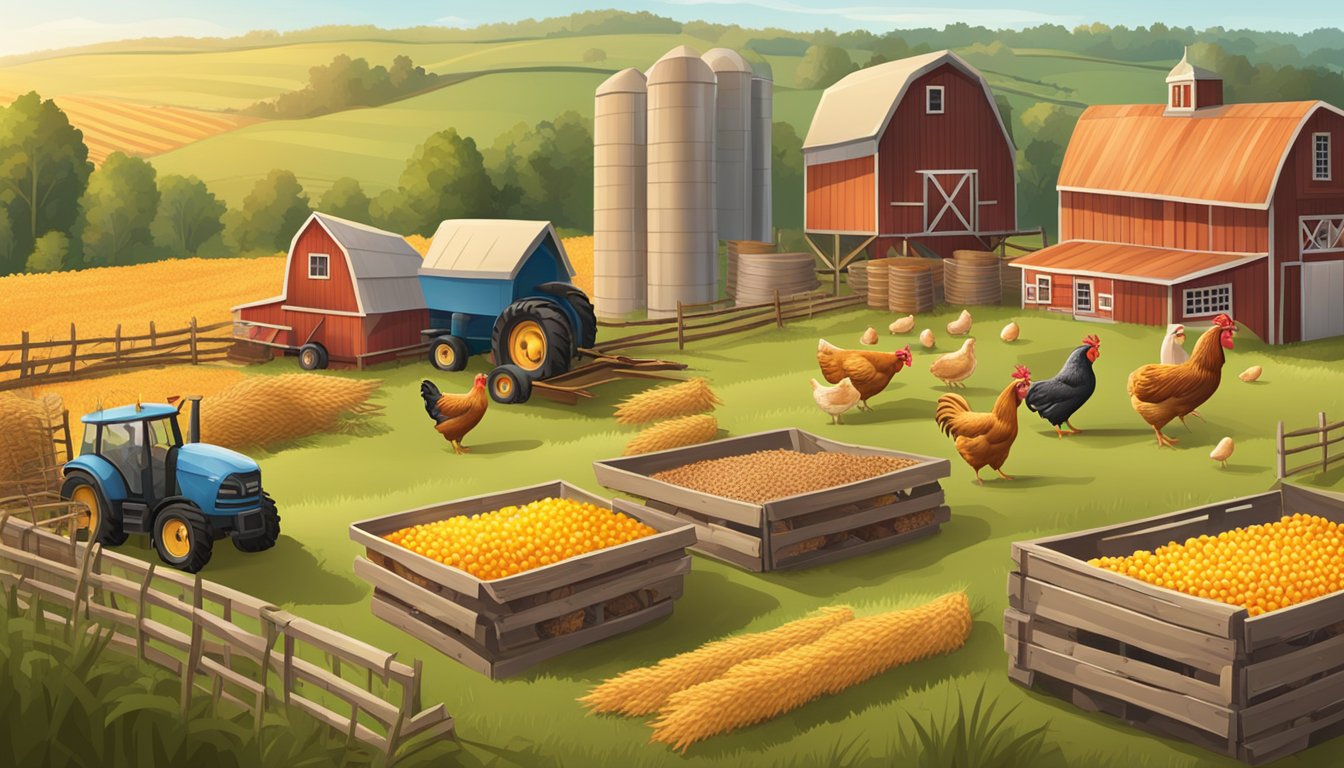 A farm with fields of wheat and corn, a chicken coop, and a pig pen. A tractor and a truck loading crates of eggs and bacon