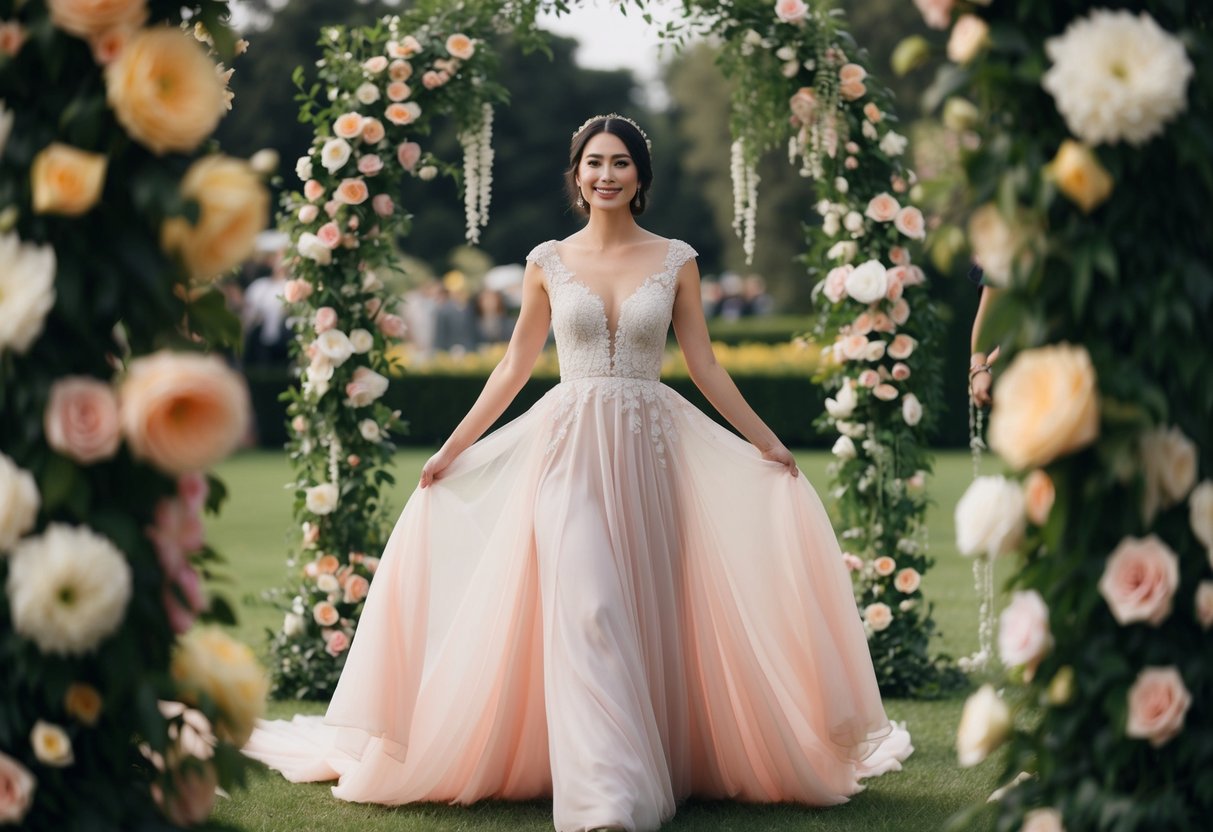 A woman in a flowing gown, traditionally in a soft pastel color, surrounded by flowers and other wedding decorations