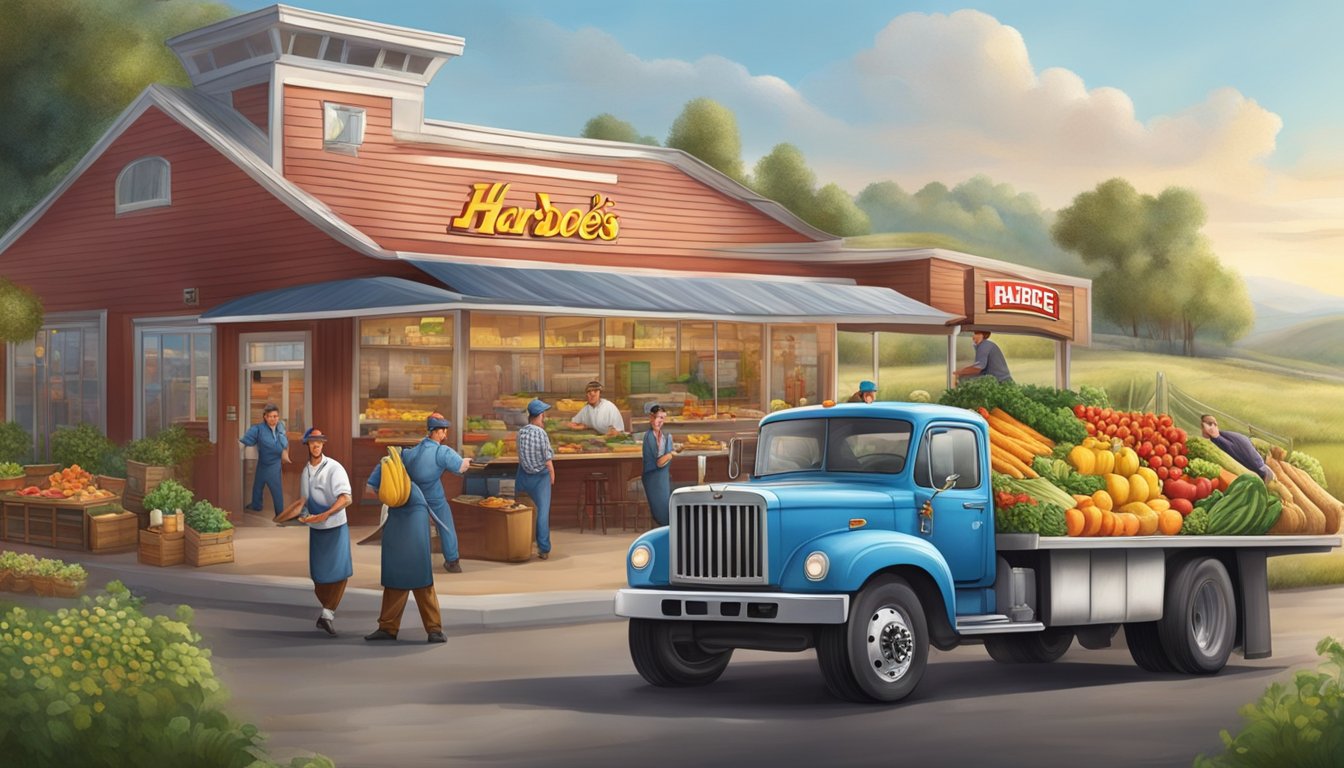 A farmer harvesting fresh produce, a truck transporting ingredients, a chef cooking breakfast, and a server delivering meals to customers at a Hardee's restaurant