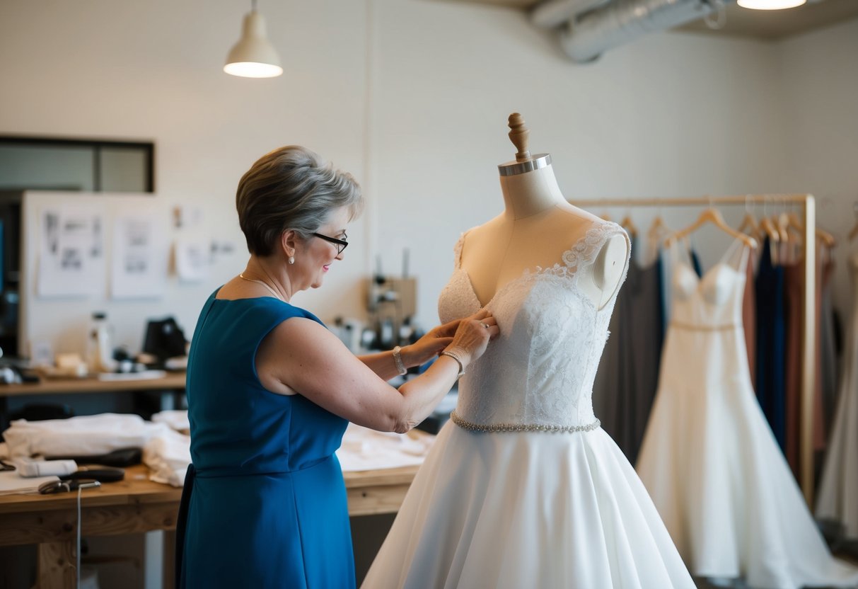 A wedding dress being designed, sewn, and fitted over the course of 9 months, from initial sketches to final touches