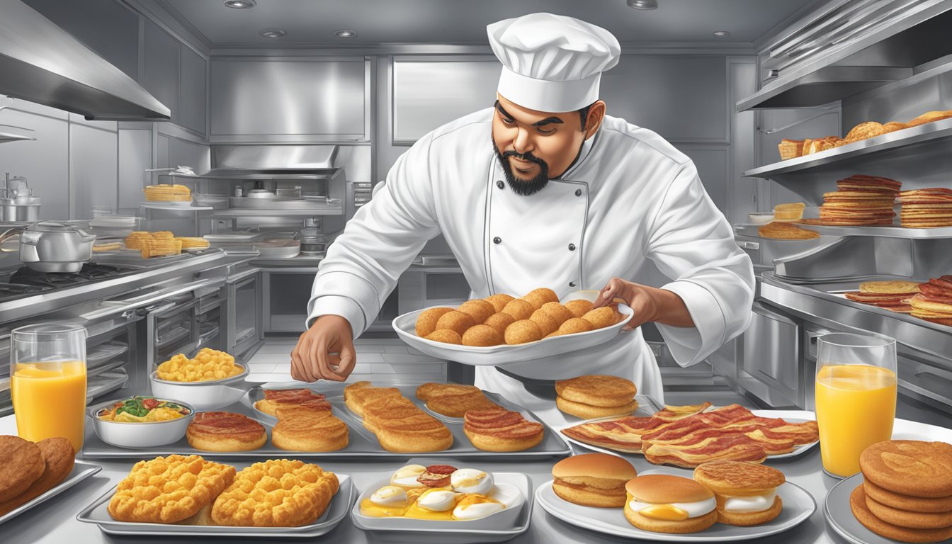 A chef meticulously arranges a platter of Hardee's breakfast items, including biscuits, eggs, and bacon, with a focus on presentation and quality