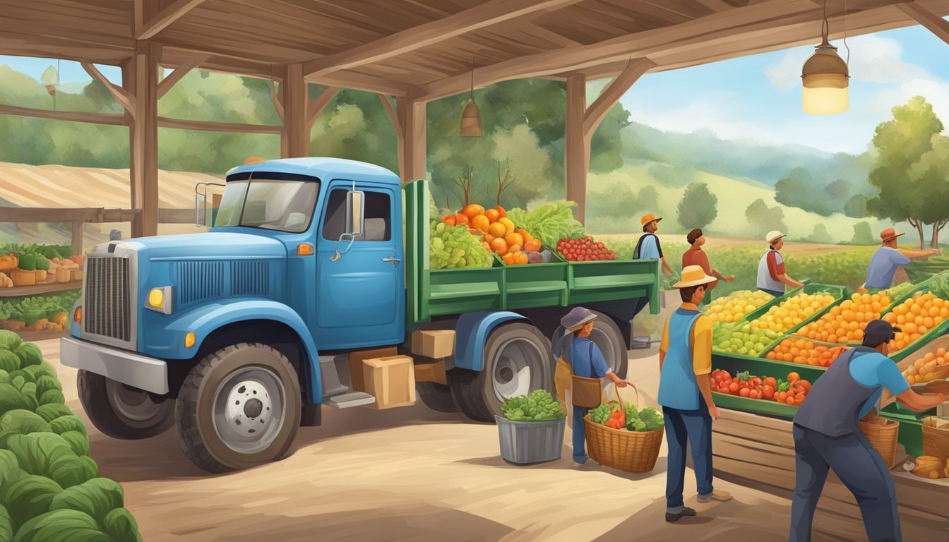 A farmer harvesting fresh produce, a truck loading up at a farm, a bustling breakfast restaurant, and satisfied customers enjoying their meals